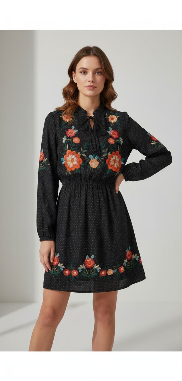 Savanna Jane Womens Size S Black Embroidered Floral Polka Dot Boho Flare Dress